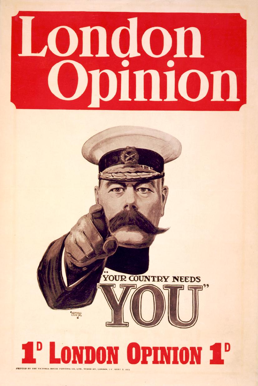 1914 British recruitment poster by Alfred Leete showing Lord Kitchener pointing outward.