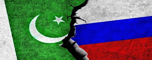 Graphic showing the flags of Pakistan and Russia divided by a jagged crack.