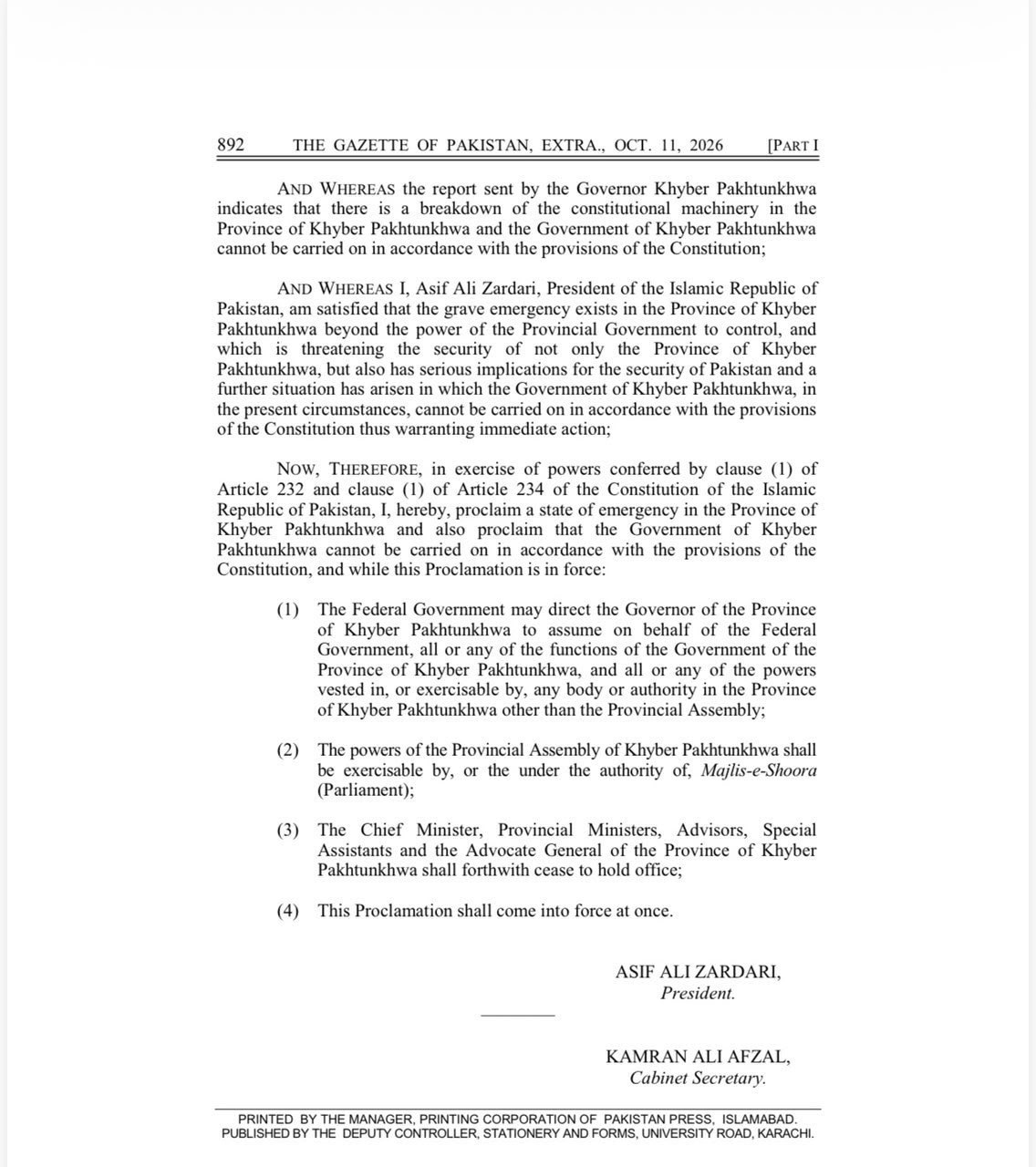 Page 892 of the Gazette of Pakistan showing the emergency proclamation and the transfer of provincial functions